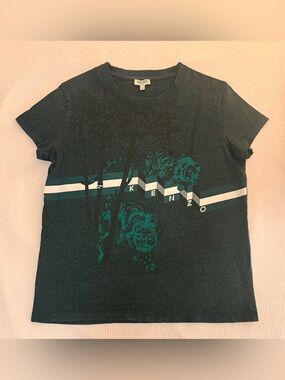 Dark Green Kenzo Tee with Teal, White, & Black Tiger Graphics Size Small